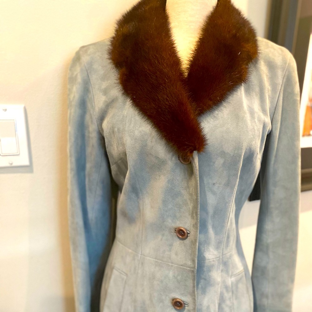 Dolce & Gabbana Faux Fur Light Blue Suede Jacket - Picture 2 of 7
